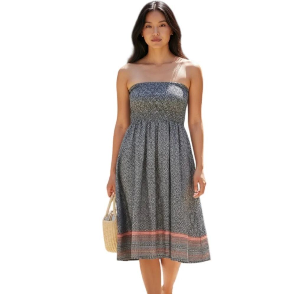 ATMOSPHERE BLACK & WHITE W/ ORANGE/CORAL STRIPE STRAPLESS DRESS SZ.8 EUC.